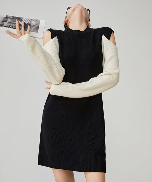 Contrast Color Off-shoulder Knit Dress